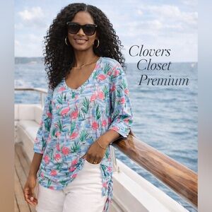 Casey + Key Flamingo Print Top L Blue Pink 3/4 Sleeve Rayon